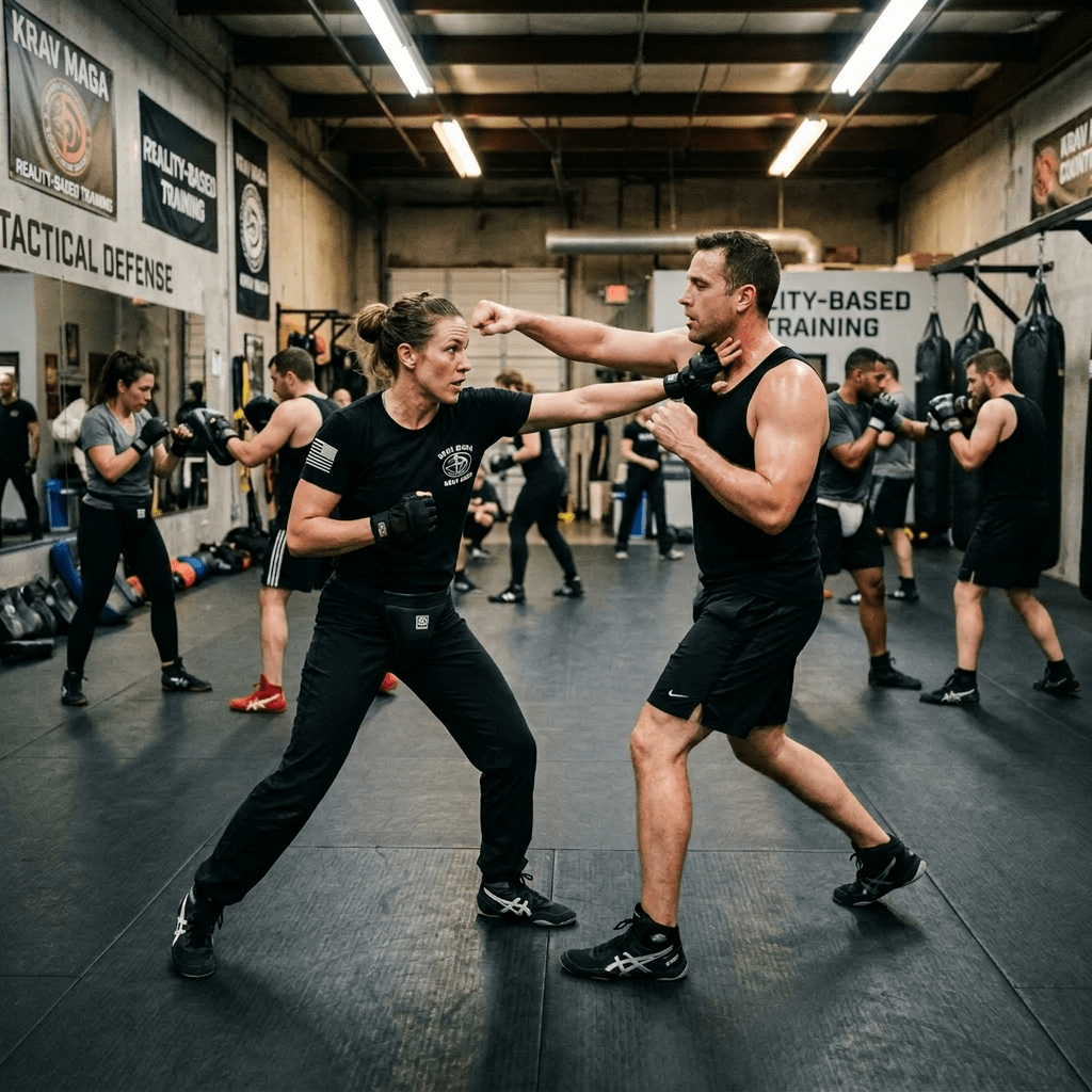 People sparring during a Krav Maga training session in a gym.